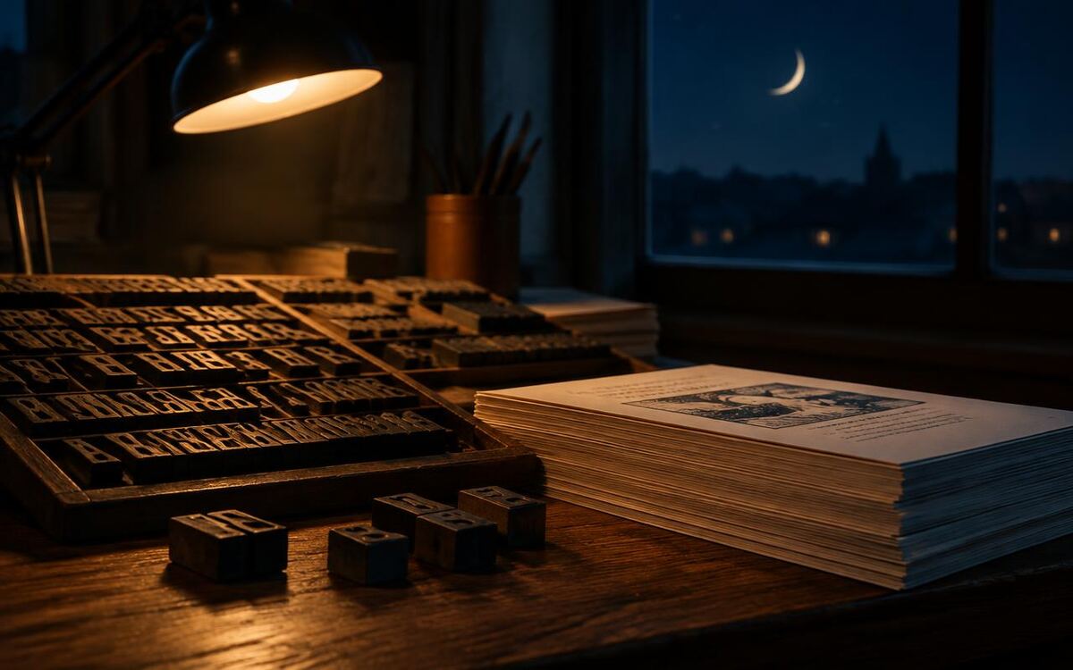 Vintage letterpress type and freshly printed pages on a desk beneath a crescent moon